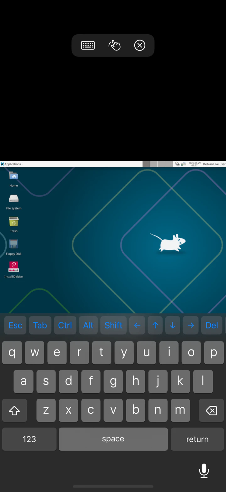 A Linux desktop in Saffron with the modifier key bar above the keyboard