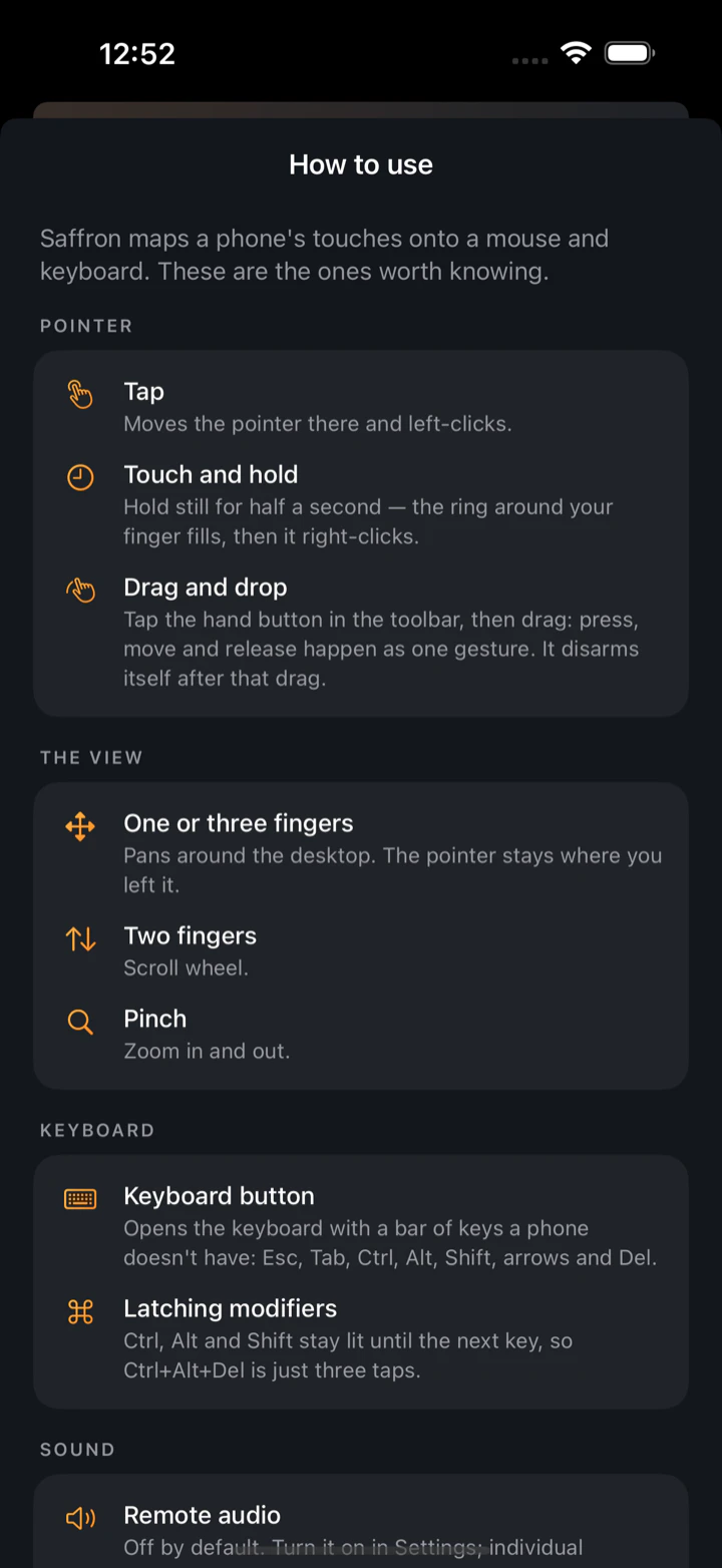 Saffron's built-in gesture guide
